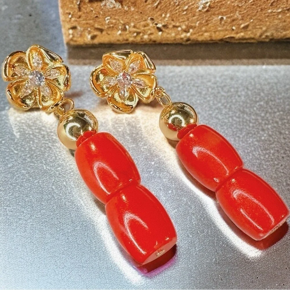 NEW Yellow Gold Blooming Flower Gold Hematite & Red-Orange Natural Coral Earring